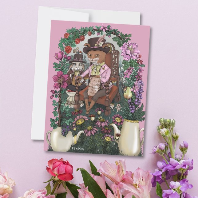 Whimsique Fox Mad Hatter Alice in Wonderland Art Vykort (Skapare uppladdad)