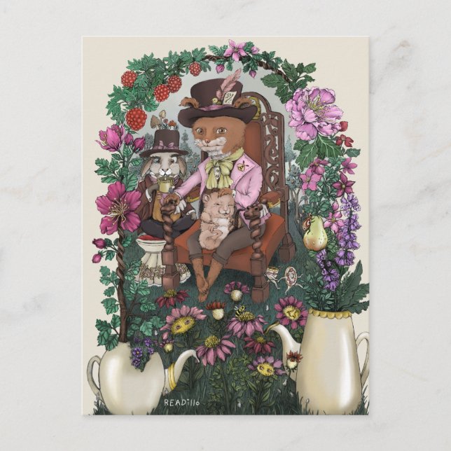 Whimsique Fox Mad Hatter Alice in Wonderland Art Vykort (Framsida)