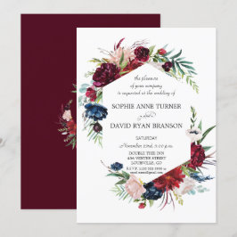 Whimsique Garden Burgundy Blåa blommor Bröllop Inbjudningar