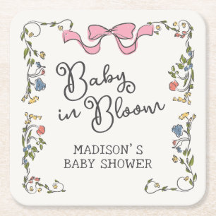 Whimsique Garden Party Doodle Blommigt Baby Shower Underlägg Papper Kvadrat
