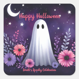 Whimsique Ghost och Blommigt Spooky Rosa Lila Fyrkantigt Klistermärke