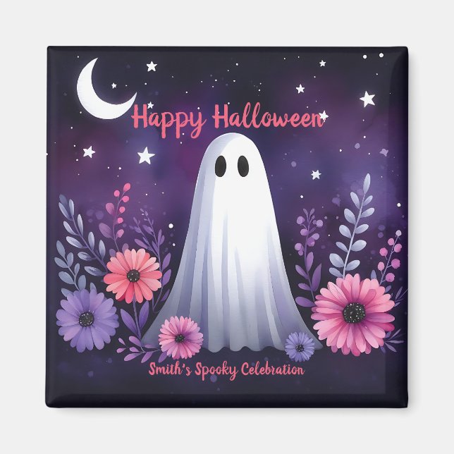 Whimsique Ghost och Blommigt Spooky Rosa Lila Magnet (Framsidan)