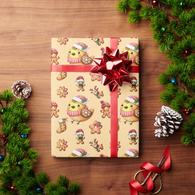 Whimsique Gingerbröd Helgdag Mönster på Beige Bac Presentpapper (Julgåva)
