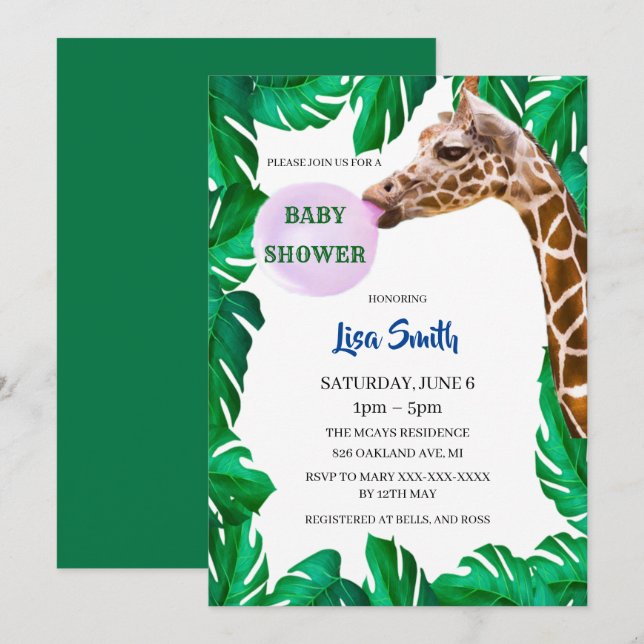 Whimsique Giraffe blowing Bubble Gum Baby Shower Inbjudningar (Fram/baksida)