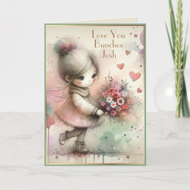 Whimsique Girl Flowers Hearts Anpassningsbar Kort  (Framsida)