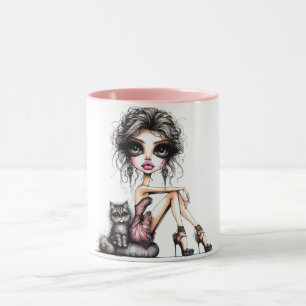 Whimsique Girl Large Ögon with Cat Mugg