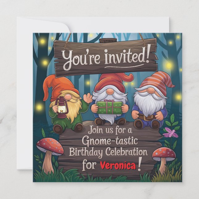 Whimsique Gnome Birthday, Cute Forest-Thned Party Inbjudningar (Framsida)