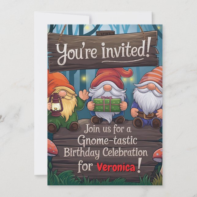 Whimsique Gnome Birthday, Cute Forest-Thned Party Inbjudningar (Framsida)