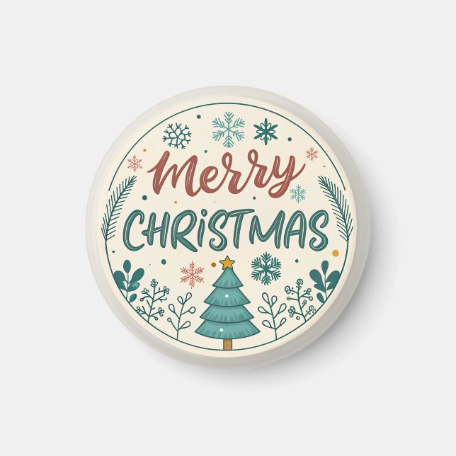 Whimsique God jul Round Sticker med Träd Magnet (Framsidan)