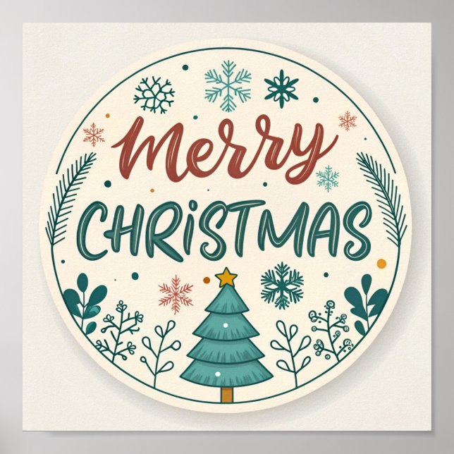 Whimsique God jul Round Sticker med Träd Poster (Framsidan)