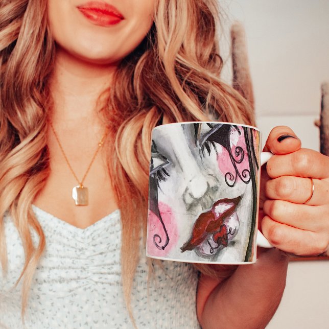 Whimsique Goth Girl Mime Clown Positivity Kärlek R Kaffemugg (Whimsical hand painted original art goth inspired mime girl by Malissa Melrose)