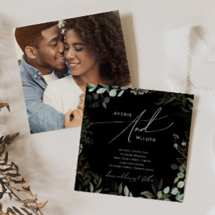 Whimsique Greenery Black Guld Square Photo Bröllop Inbjudningar