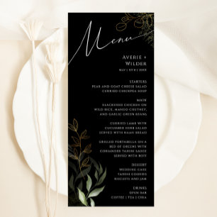 Whimsique Greenery Black och Guld Bröllop Middag Meny