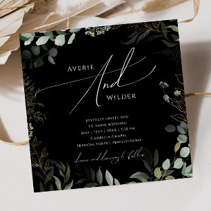 Whimsique Greenery Black och Guld Square Bröllop Inbjudningar
