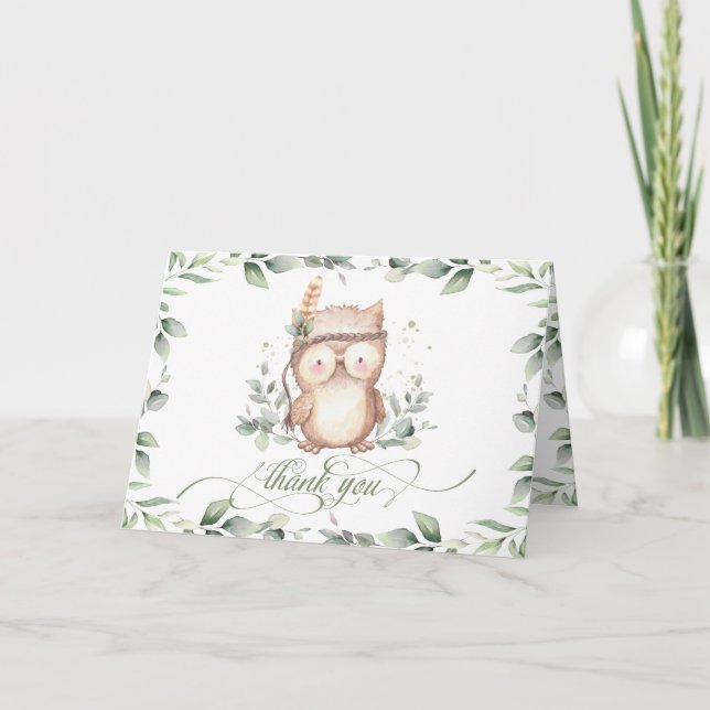 Whimsique Greenery Tribal Uggla Baby Shower Birthd Tack Kort (Framsida)