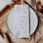 Whimsique Grey och Guld Bröllop Middag Menu Meny<br><div class="desc">Gå in i en värld av förtjusning med vår vita gröna och guld bröllop middagsmeny, perfekt för din botaniska vår boho bröllop. Den här middagsmenyn innehåller elegans och grönt och guld. Föreställ er att vi kör igenom en magisk sommarträdgård, omgiven av naturens lugnande ljud. Utformningen fångar utan vidare höstens rustiska...</div>