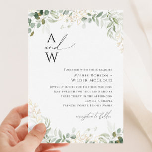 Whimsique Grey och Guld Monogram Bröllop Inbjudningar