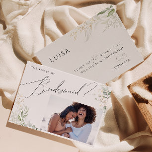 Whimsique Grey och Guld Photo Bridesmaid Card Inbjudningar