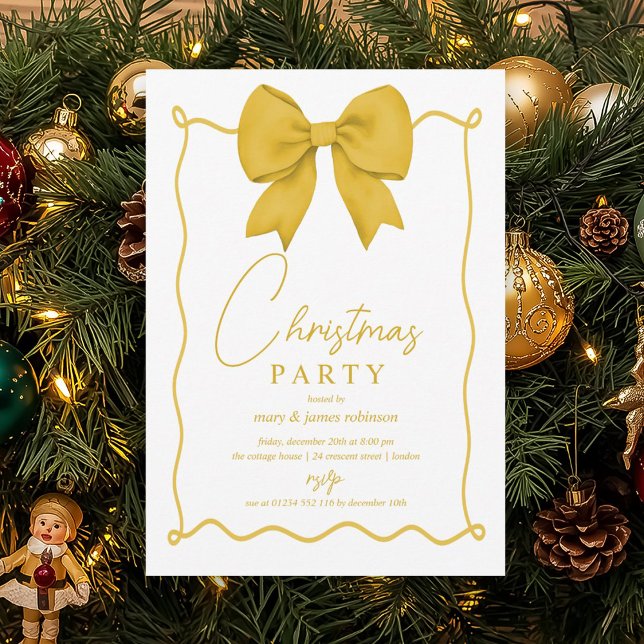 Whimsique Guld Bow-Julfesten Inbjudningar (Whimsical Gold Bow Christmas Holiday Party Invitation)