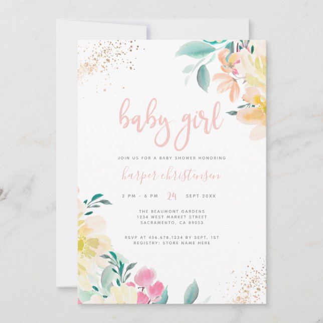 Whimsique Guld  Rosa Blommigt Girl Baby Shower Inbjudningar (Framsida)