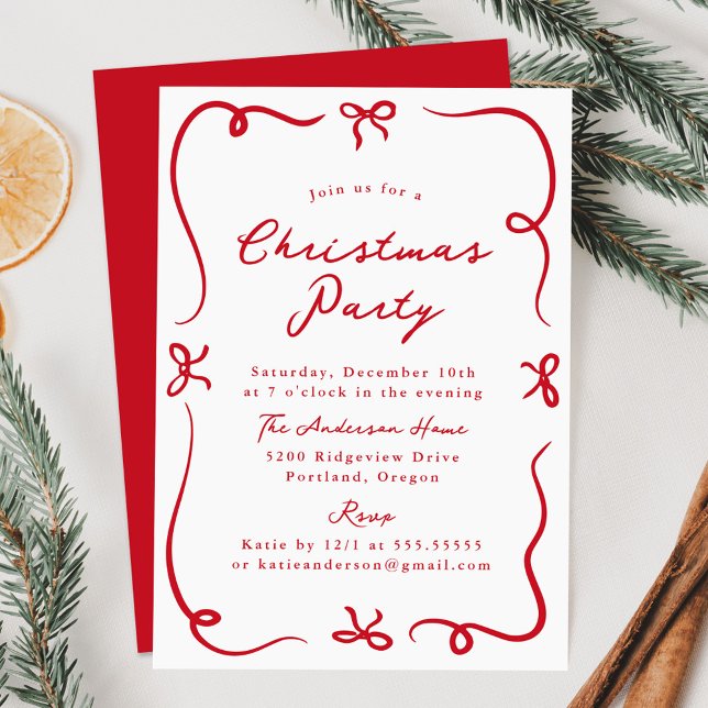 Whimsique Hand-Drawn Red Bows-jul Party Inbjudningar (Skapare uppladdad)