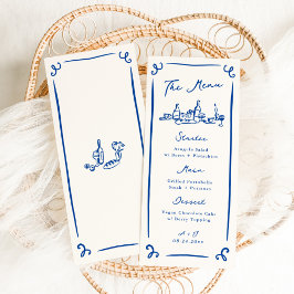 Whimsique Hand plockade Blue Bröllop Menu Meny