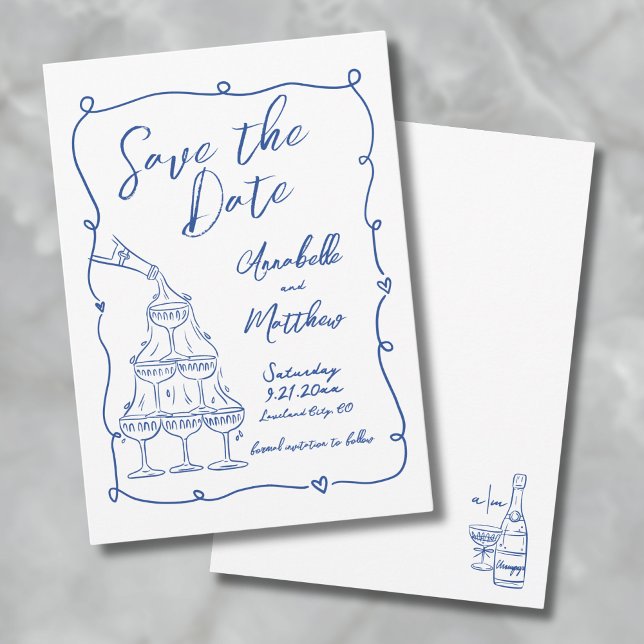 Whimsique Hand plockade Blue Bröllop Spara Datumet (Whimsical Hand Drawn Blue Wedding Save the Date )