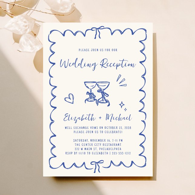 Whimsique Hand plockade Blue Cream Bröllopapper Inbjudningar (Fun reception invitation featuring whimsical hand drawn wine glasses with hearts + coquette bows)
