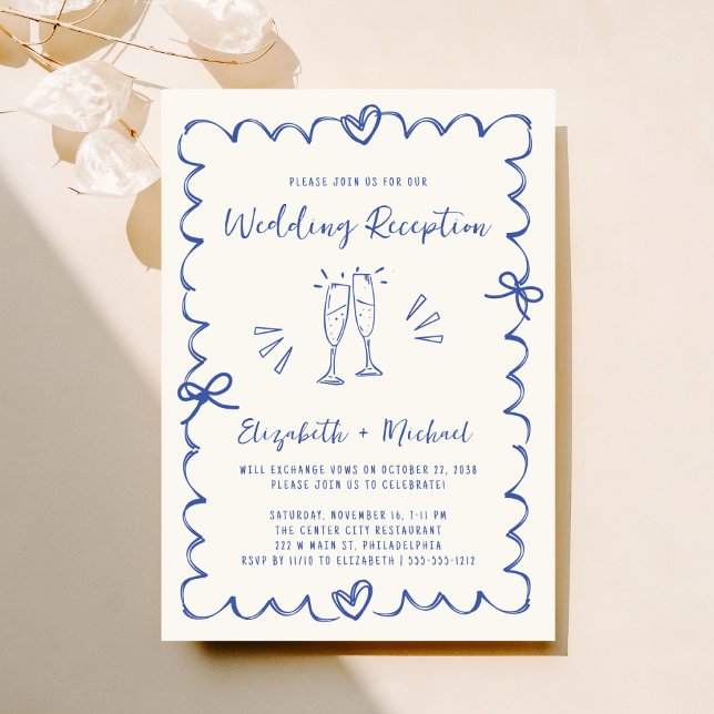 Whimsique Hand plockade Blue Cream Bröllopapper Inbjudningar (Fun reception invitation featuring whimsical hand drawn champagne glasses, hearts + coquette bows)