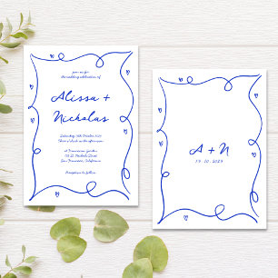 Whimsique Hand plockade Blue Monogram Bröllop Inbjudningar