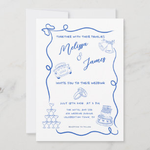 Whimsique Hand plockade Blue Quirky Bröllop Inbjudningar