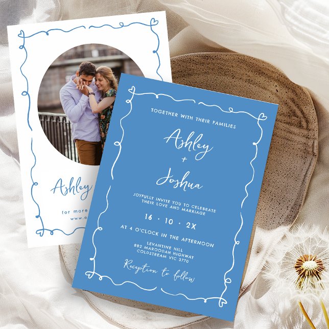 Whimsique Hand plockade Blue Ram Hearts Bröllop Inbjudningar (Blue Whimsical Hand drawn Wedding Invitation, Blue, heart Frame, Hand Drawn Wedding Invite, Trendy)