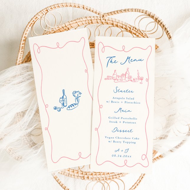 Whimsique Hand plockade Blue & Rosa Bröllop Meny (Skapare uppladdad)