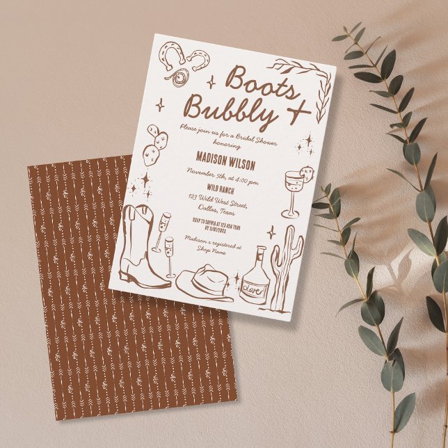 Whimsique Hand plockade Boots & Bubly Western Inbjudningar (hand drawn wild west doodle bridal shower invitation in terracotta color)