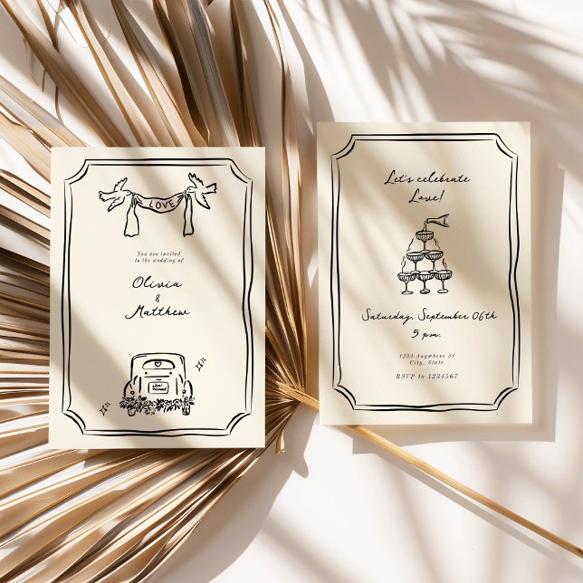 Whimsique Hand plockade Bröllop Black Inbjudningar (Whimsical Hand Drawn Wedding Black Invitation)