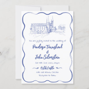 Whimsique Hand plockade Castle Illustration Bröllo Inbjudningar