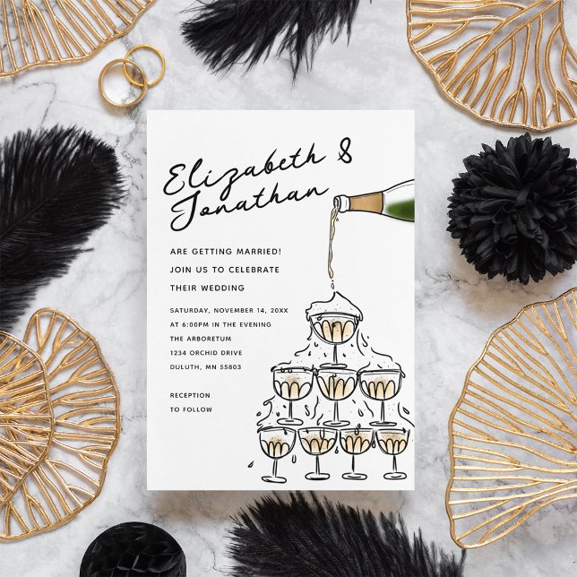 Whimsique Hand plockade Champagne Torn Bröllop Inbjudningar (Whimsical Hand Drawn Champagne Tower Wedding Invitation)