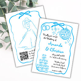 Whimsique Hand plockade Doodle Blue Bow Bröllop Inbjudningar