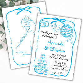 Whimsique Hand plockade Doodle Blue Bow Bröllop Inbjudningar