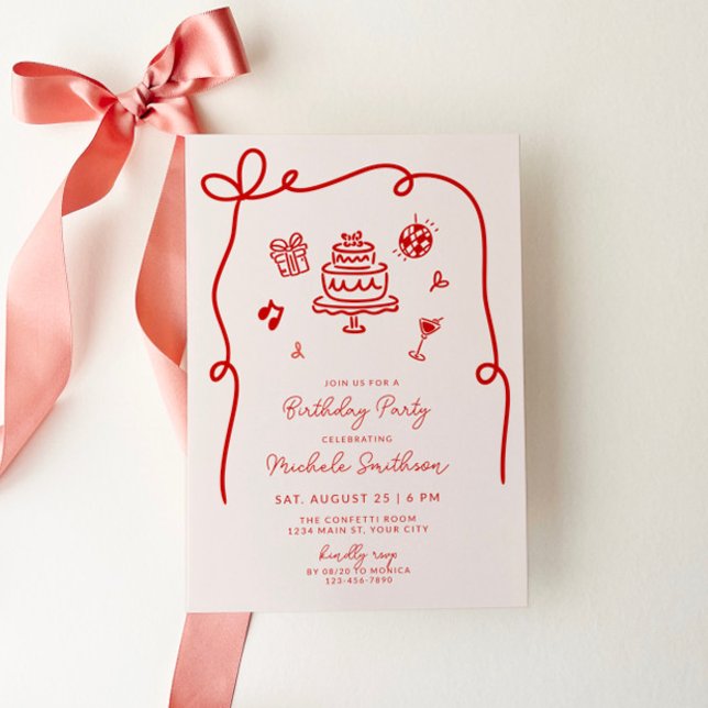 Whimsique Hand plockade Födelsedagsfest Inbjudningar (Whimsical Hand drawn Birthday Party Invite)