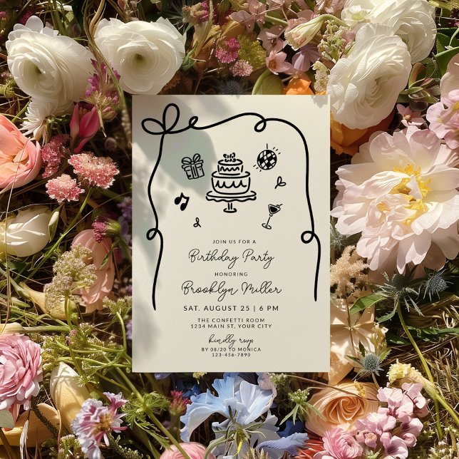 Whimsique Hand plockade Födelsedagsfest Inbjudningar (Whimsical Hand Drawn Birthday Invite)