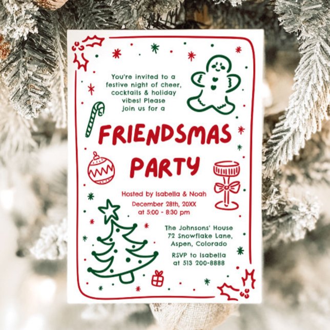 Whimsique Hand plockade Friendsmas Party Inbjudningar (Whimsical Holiday Hand Drawn Friendsmas Party Card)