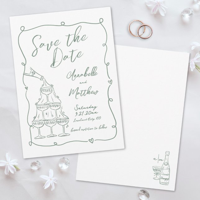 Whimsique Hand plockade Grönt Bröllop Spara Datumet (Whimsical Hand Drawn Green Wedding Save the Date )