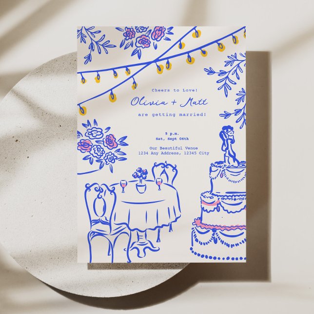 Whimsique Hand plockade Lanternes Bröllop Blue Inbjudningar (Whimsical Hand Drawn Lanterns Wedding Blue Invitation)