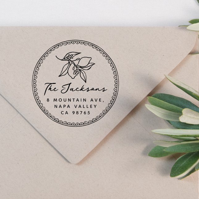 Whimsique Hand plockade Lemon Namn & Returadress Självfärgande Stämpel (Return Address Stamp Mock-up)