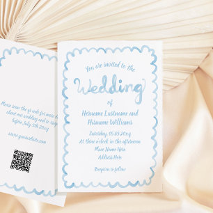 Whimsique Hand plockade Light Blue QR OSA Bröllop Inbjudningar