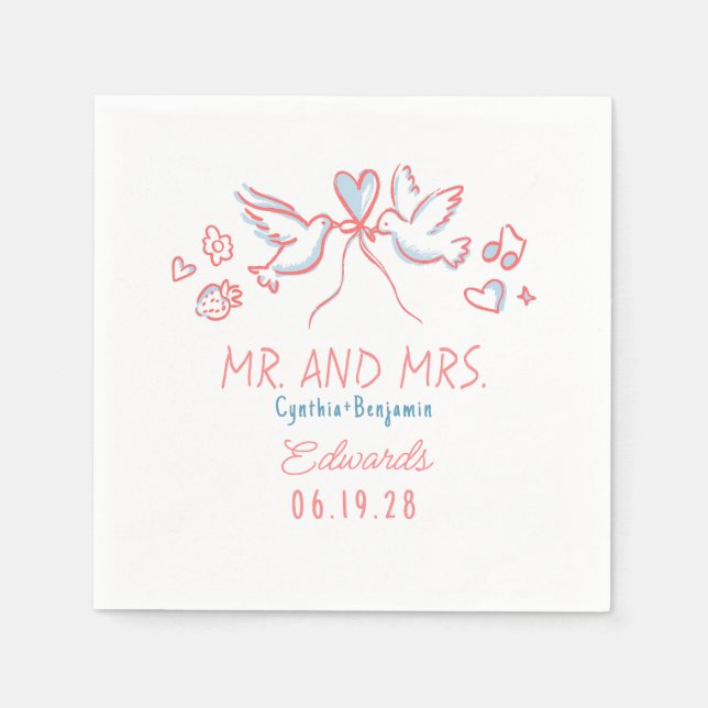 Whimsique Hand plockade Love birds Bröllop Napkins Pappersservett (Framsidan)