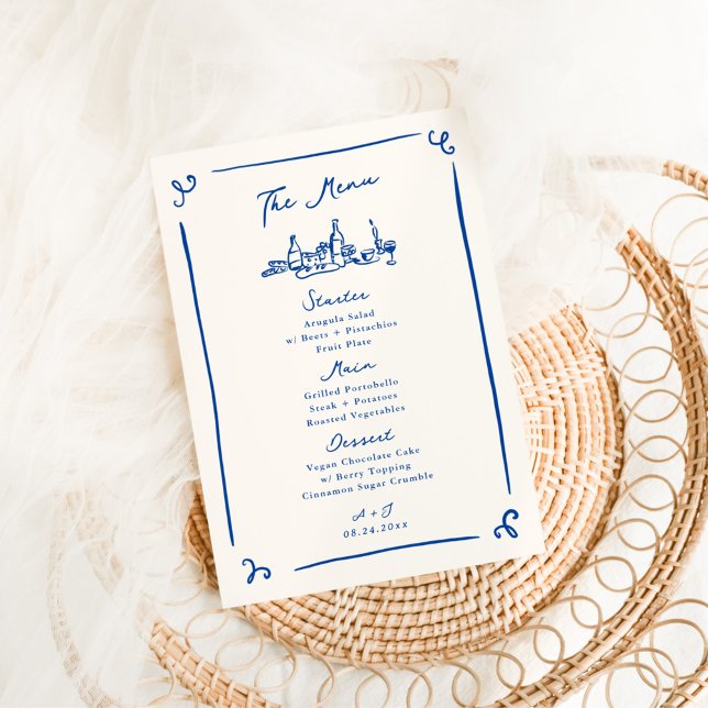 Whimsique Hand plockade Navy Bröllop Menu Meny (Skapare uppladdad)