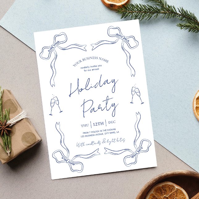 Whimsique Hand plockade Navy Business Julfest I Inbjudningar (Elegant blue and white winter business invitation for the holiday season)