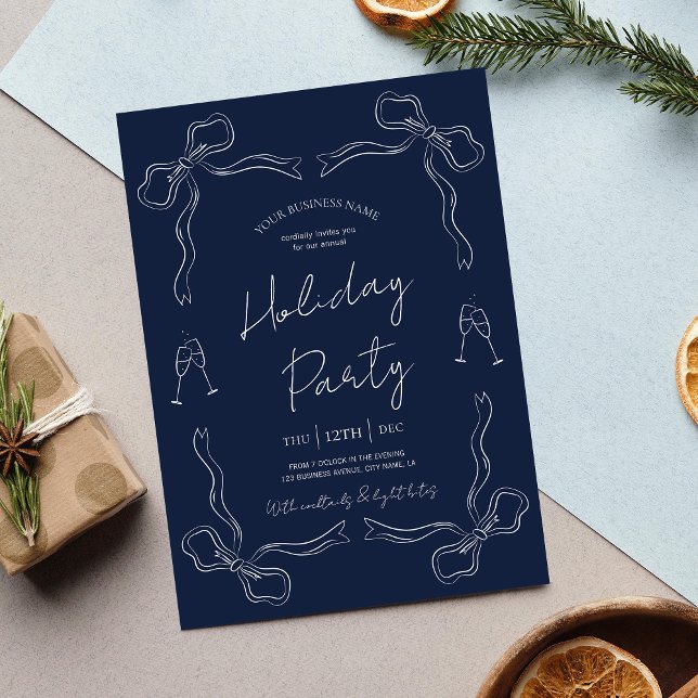 Whimsique Hand plockade Navy Business Julfest Inbjudningar (Navy blue and white hand drawn business holiday invitation design, perfect for any festive event)
